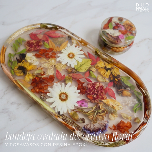 BANDEJA OVALADA FLORAL CON 4 POSAVASOS