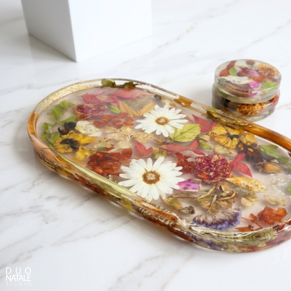 BANDEJA OVALADA FLORAL CON 4 POSAVASOS