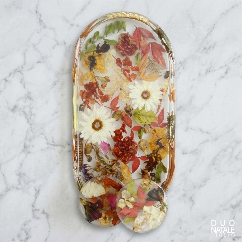 BANDEJA OVALADA FLORAL CON 4 POSAVASOS